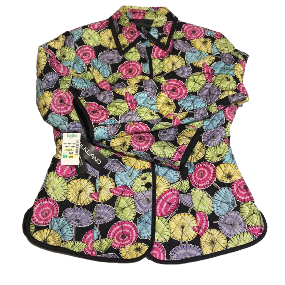 VTG—SILKLAND—Umbrella Print Silk Quilted Beaded Lined Button Up Jacket—Sz Small - Picture 13 of 16